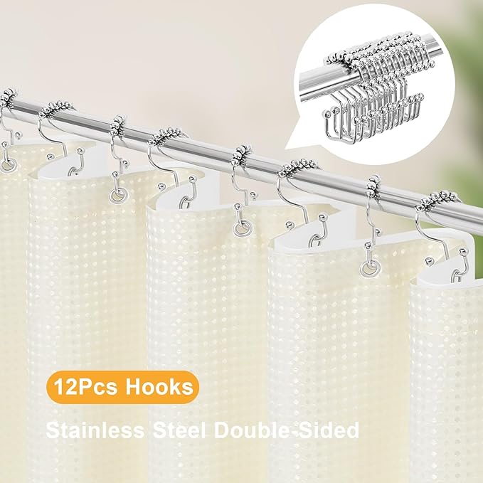 3 in 1 Long Cream Shower Curtain Set-72 W x 78 H, Ivory Waffle and PEVA Liner Set with 12 Stainless Steel Hooks, Waterproof Fabric for Bathroom