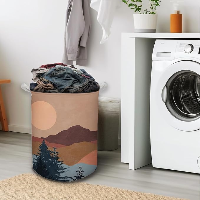 Boho Laundry Basket, Mid Century Modern Boho Sun Forest Mountain Waterproof Collapsible Laundry Hamper Dirty Clothes Storage Toy Bin Organizer for Bathroom Bedroom Nursery Girls Kids Room