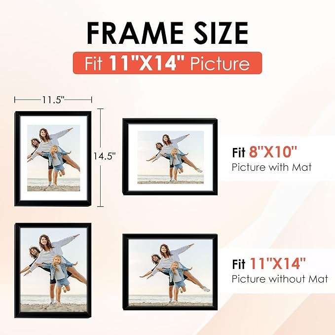 FIXSMITH 11x14 Picture Frame Set of 6, Black Photo Frames Bulk with HD Plexiglass, Display Pictures 8x10 with Mat or 11x14 Without Mat, Multi Picture Frames Collage for Wall Decor