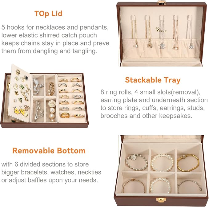 Voova Jewelry Box Organizer for Women Girls, 2 Layer Large Men Jewelry Storage Case, PU Leather Display Jewellery Holder with Removable Tray for Necklace Earrings Rings Bracelets, Caramel Brown