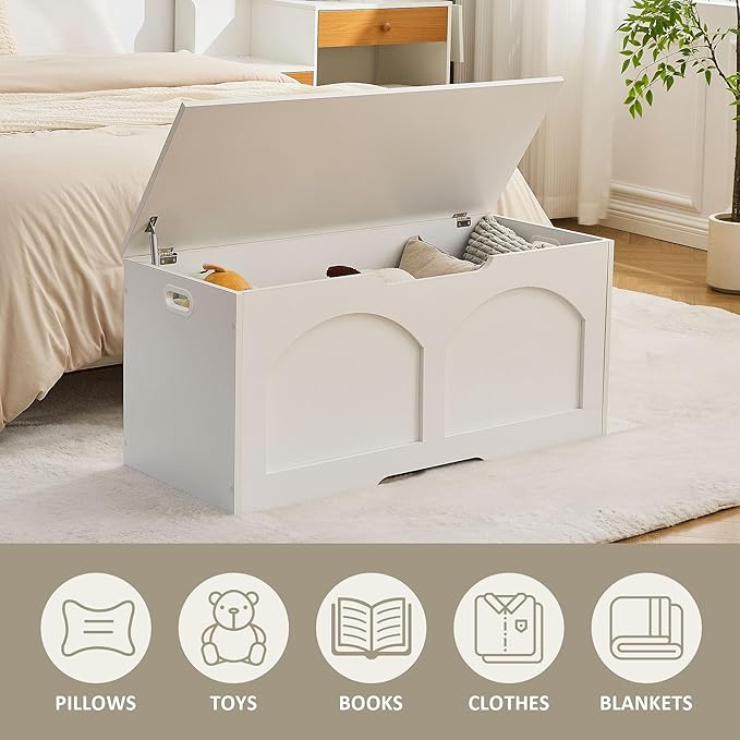 39.4" Storage Chest, Wooden Storage Bench, Storage Trunk, Chest with Lift Top, Large Box Entryway Bench, Supports 330 lb U-Shaped Opening for Entryway, Hallway, Living Room, Ivory White