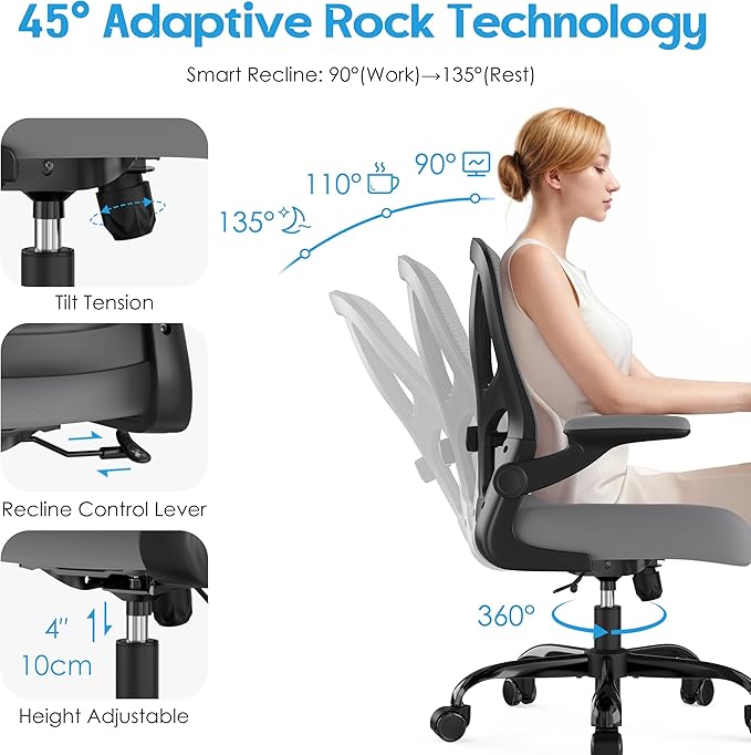 Office Chair Ergonomic Desk Chair - Mesh Computer Chair Breathable Task Chair with Wheels Adjustable Lumbar Support Home Desk Office Chairs with Flip up Armrest Executive Rolling Swivel Gray