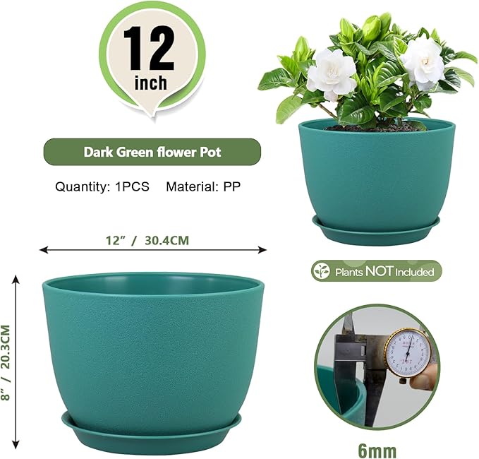 Plant Pots 12 inch, Plastic Planters with Drainage Holes and Saucers, Large Flower Pots for Indoor Outdoor Plants, Modern Decorative Pots for Garden House Plants, Blue Green