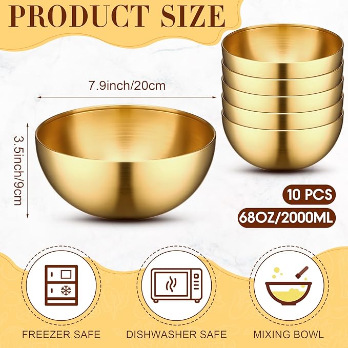 Nuogo 10 Pcs Stainless Steel Mixing Bowls Decorative Esthetician Bowls for Wedding Party Baking Prepping Serving Facial Food Salad Fruit Snack Soup Cereal(7.9 Inch,Gold)