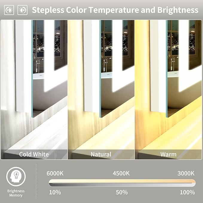 LED Mirror for Bathroom, 55x36 Inch Backlit + Front Lighted Bathroom Vanity Mirror with Lights, Double Light Strips, 3 Colors, Shatter-Proof, Anti-Fog and Brightness Memory