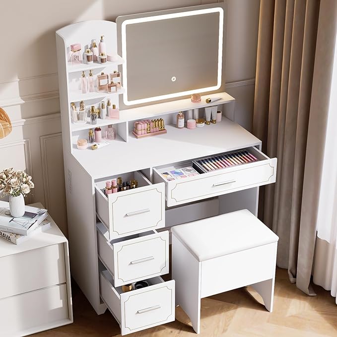 Vanity Table with LED Mirror & Power Outlet - 5 Open Shelves, 4 Drawers - Includes Padded Stool - Ideal Bedroom Makeup Dressing Table （White）