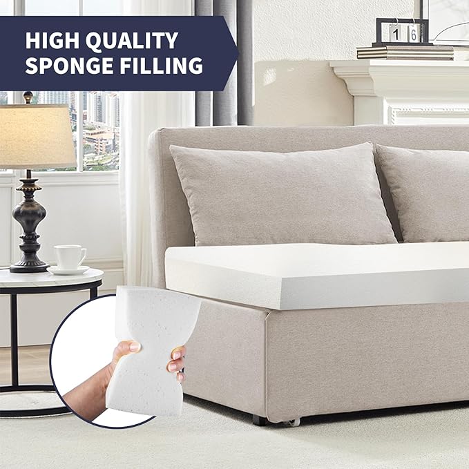 Queen Size Sofa Bed, Pull Out Sofa Bed with Cushions & Throw Pillows, Linen Couch Beds, Modern Convertible Sleeper Sofas Beds, Loveseat for Living Room for Small Spaces - Beige