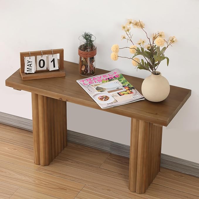 Solid Wood Entryway Bench - 31.5" Fluted Farmhouse Small Bench Indoor Dining Benches Seat Narrow for Entry Way, Kitchen, Living Room and Bedroom, Brown