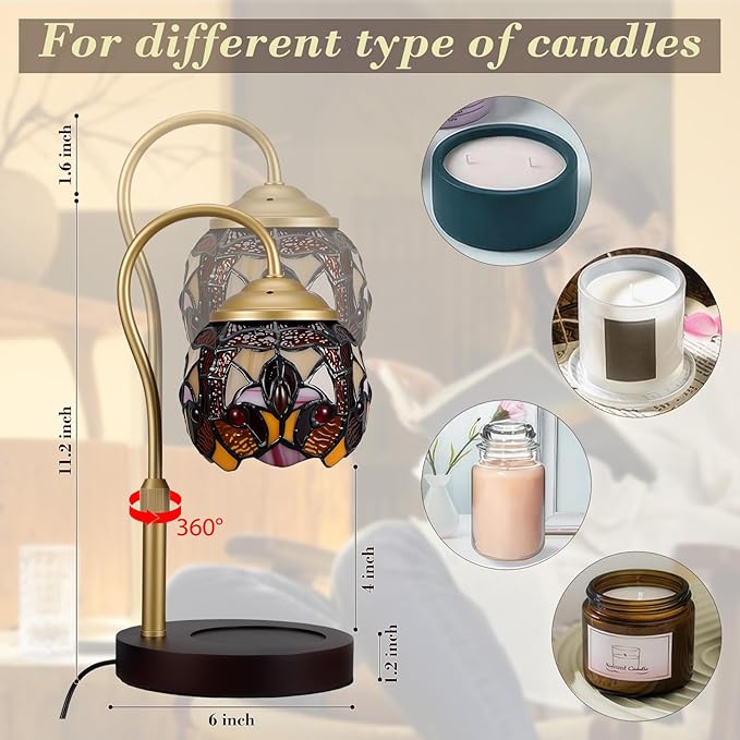 Candle Warmer Lamp with Timer Dimmer, Adjustable Height Candle Warmer for Jar Candles, Birthday Gifts for Women New Home Bedroom Decor Tiffany Baroque Style Stained Glass with 2 Bulbs