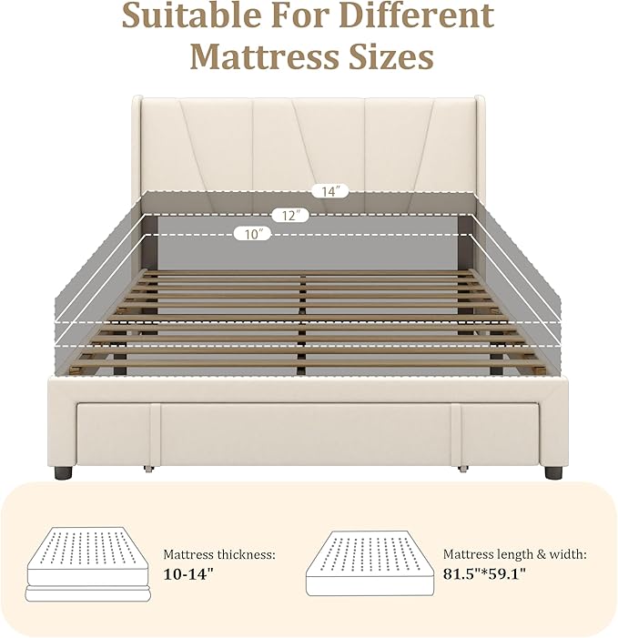 Queen Bed Frame with Storage Drawers, Upholstered Queen Size Platform Bed with 47" Tall Headboard and Wingboard, No Box Spring Needed, Noise Free, Easy Assembly, Wooden Support Slats, Beige