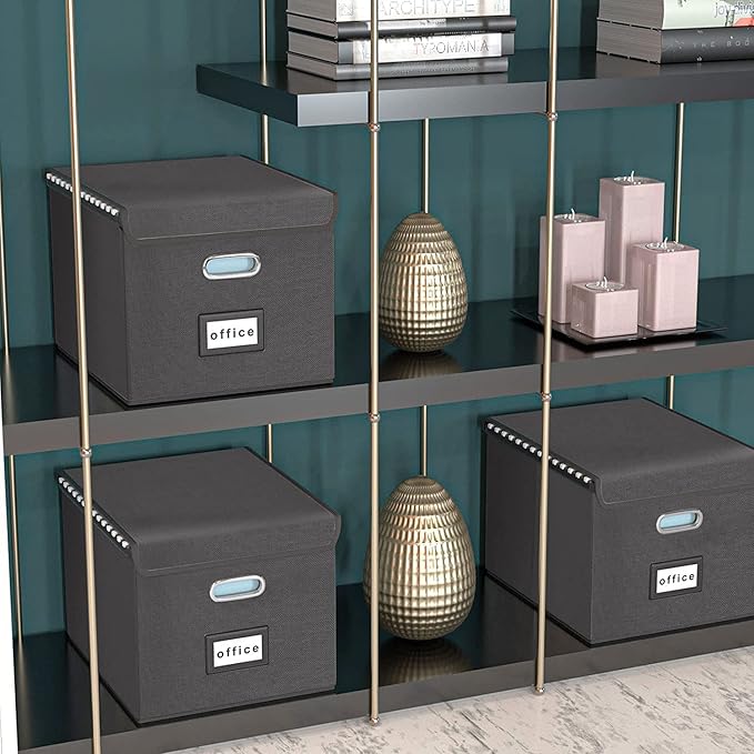 Huolewa File Organizer Boxes with Lids, Linen Office Document Storage Boxes, Filing Boxes, Decorative Small File Boxes for Hanging Files with Plastic Slide for Office/Cabinet/Decor/Home