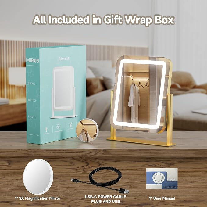 PRIMETEK Vanity Mirror with Lights, 16"x14" Large LED Lighted Makeup Mirror, Hollywood Makeup Mirror, Touch Screen, 3-Color Lighting, 5X Magnification, for Vanity Desk Tabletop, Bedroom, Gold