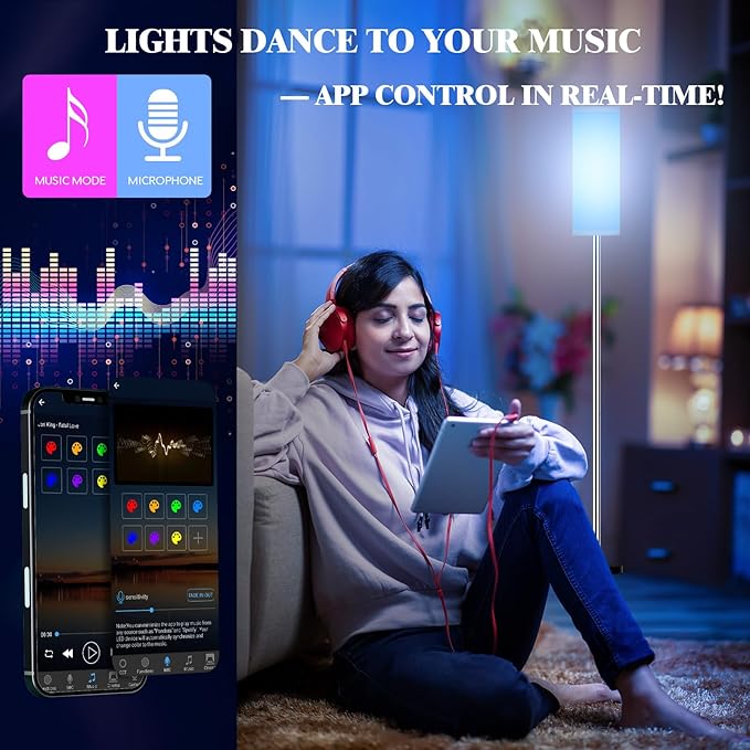Smart LED Floor Lamp with APP Control & RGB Colors - Dimmable Standing Lamp for Living Room, Bedroom, Gaming - Remote, Timer, 9W Bulb Included, 67" Modern Tall Lamp (Silvery)