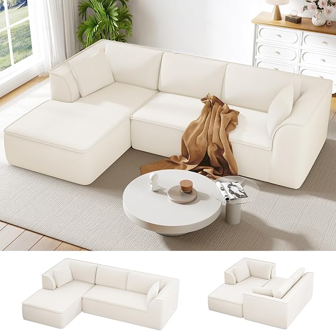 Vesgantti 106" Cloud Couch Sectional Modular Sofa, Deep Seat Comfy Cloud Couch Chenille Memory Foam Sofa Modular Couches for Living Room Bedroom, No Assembly Required (Beige, Left-Facing Chaise)