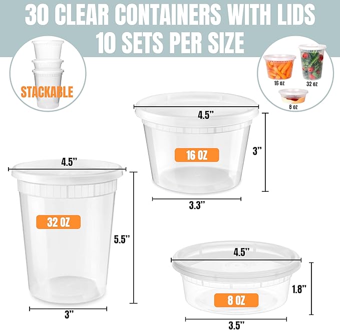 Galashield Deli Containers with Lids 8 oz. 16 oz. 32 oz. [30 Sets] Plastic Soup Containers with lids Deli Cups, To Go Food Containers