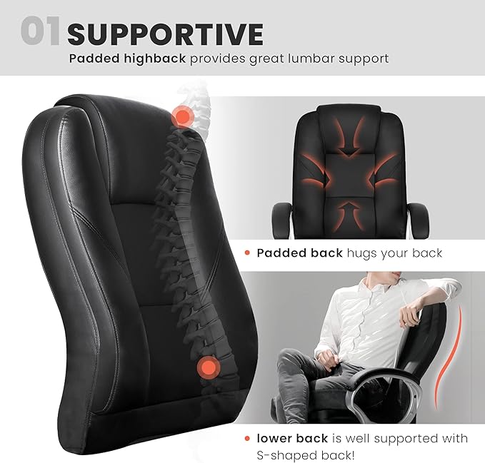 NEO CHAIR Office Desk Ergonomic Gaming Chair High Back Adjustable Computer Chair with Wheels and Lumbar Support Comfy Leather Executive Swivel (Jet Black)