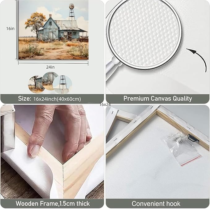 CYULWNNO Farmhouse Canvas Wall Art Old Barn Prints Posters Country Landscape Painting Pictures Country Road Wall Decor Framed for Dining Room Bathroom Living Room Bedroom