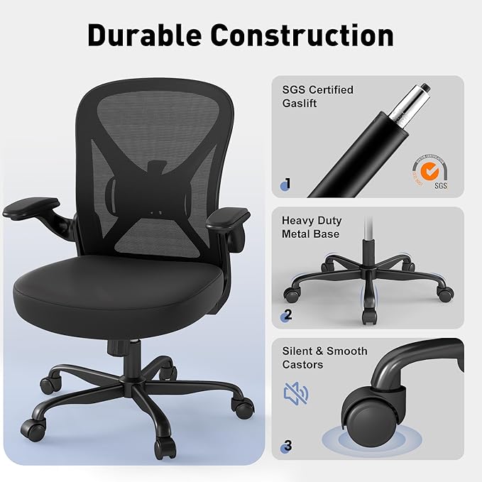 ZZH Mesh Office Chair with Adjustable Lumbar Support, Ergonomic Home Office Desk Chair with Wheels and Flip-up Arms, Black