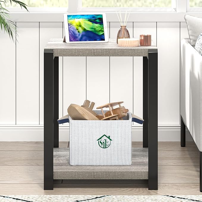 FOLUBAN Modern Side Table, Square End Table with Storage for Living Room Office, Rustic Bedside Table for Bedroom, Small Spaces, Light Grey