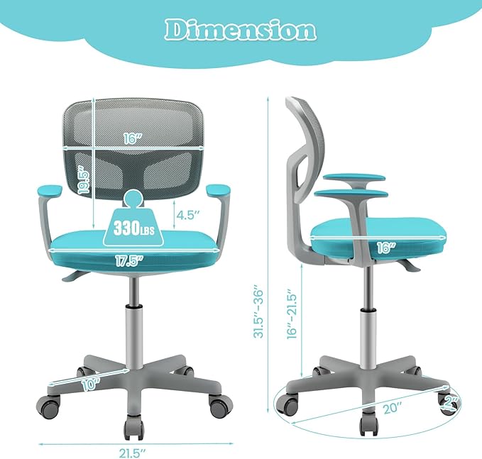 Giantex Kids Desk Chair, Children Computer Chair with Wheels and Y-Shaped Lumbar Support, Mesh Kids Office Chairs, Height Adjustable Desk Chair for Girls Boys Aged 4-13, Turquoise
