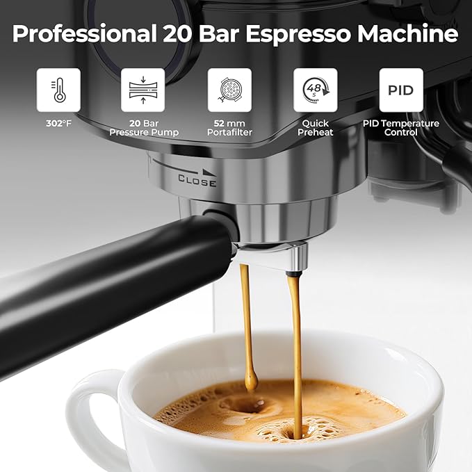 20 Bar Espresso Machine with Milk Frother, Compact Espresso Coffee Maker with Cup Warmer, Self-Cleaning, Auto Shut-Off, 34oz Removable Water Tank for Latte/Cappuccino/Americano, Stainless Steel
