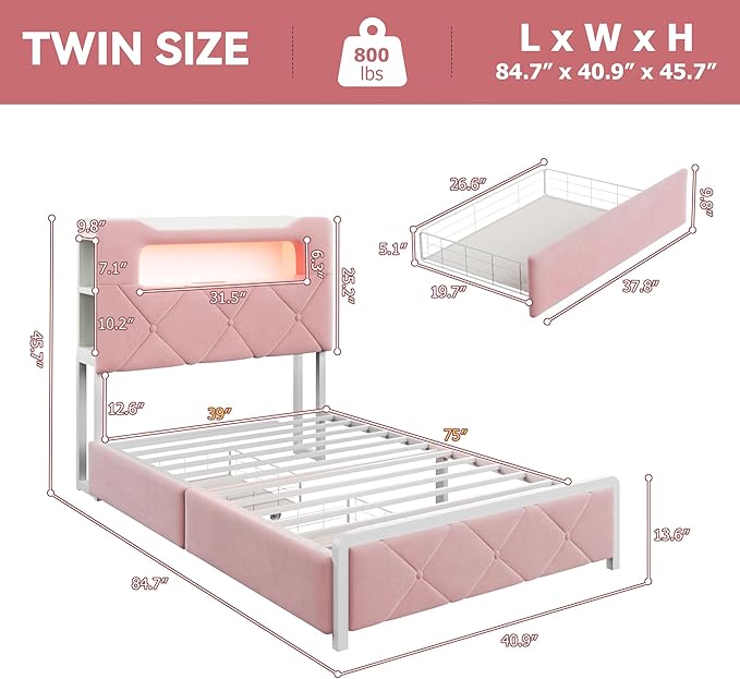 Twin Upholstered LED Bed Frame with 2 Storage Drawers and 2-Tier Storage Bookcase Headboard, Velvet Princess Platform Bed for Kids/Girls/Boys, Heavy Duty Metal Support, No Box Spring Needed, Pink