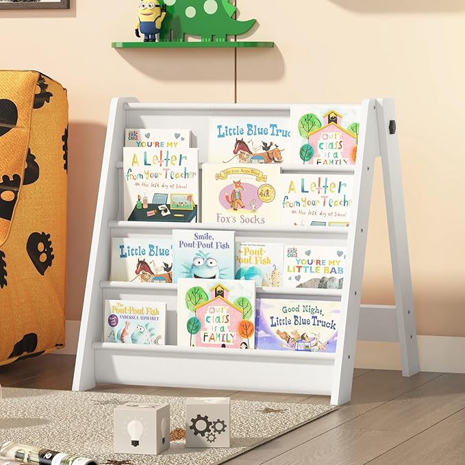 NACHES 4-Tier Foldable Kids Bookshelf, Large Capacity Montessori Sling Bookcase with 4 Deep Fabric Pockets, Magazine and Book Storage Rack for Nursery, Kids Room, Bedroom, Playroom (White)