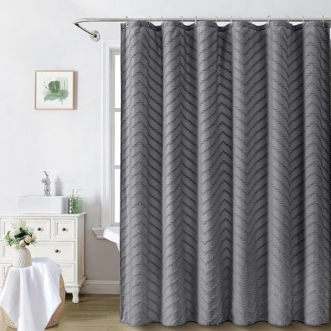 Extra Long Grey Boho Shower Curtain 96 Inch Grey Tufted Chevron Striped Fabric Shower Curtains for Bathroom Modern Shabby Chic Waterproof Cloth Shower Curtain Set with Hooks