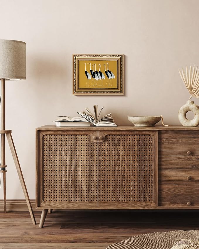 VIYYIEA Gold Framed Wall Art, Seven Cranes Canvas Print Home Decor Vintage Art Painting Picture Bathroom Wall Decor, Animals Artwork for Living Room Bedroom Kitchen Office - 10L x 8W