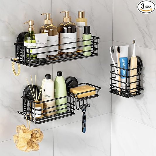 LEVERLOC Shower Caddy Suction Cup, 3 Pack Heavy Duty Bathroom Organizer for Inside Shower with Hooks & Soap Holder, Removable Bathroom Organizer, Rustproof Black Holder Storage