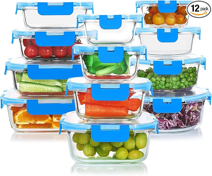24 Pieces Glass Food Storage Containers Set,Glass Meal Prep Containers-Stackable Airtight Glass Storage Containers with lids,Freezer, Microwave, Oven Safe,Blue