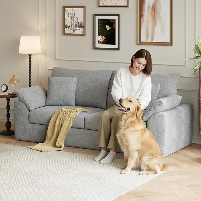 90" Boneless Loveseat Sofa, Cloud Foam Couch, 3 Seater Upholstered Midcentury Mondern Love Seat, Wide Armrest and 4 Pillows for Home Living Room/Small Spaces, No Assembly Required, Grey