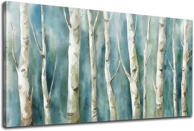 Birch Trees Canvas Wall Art - Abstract Birch Pictures for Wall Decor Modern Turquoise Canvas Painting Nature Printing Artwork for Living Room Bedroom Home Office Wall Decoration 29" x 58"