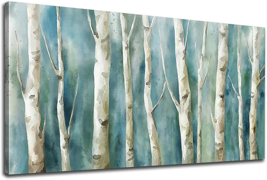 Birch Trees Canvas Wall Art - Abstract Birch Pictures for Wall Decor Modern Turquoise Canvas Painting Nature Printing Artwork for Living Room Bedroom Home Office Wall Decoration 29" x 58"