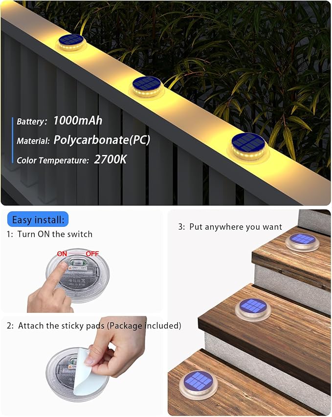 Solar Deck Lights - 4 Pack Outdoor Waterproof, Warm White Solar Step & Dock Lights for Pathway, Driveway & Ground