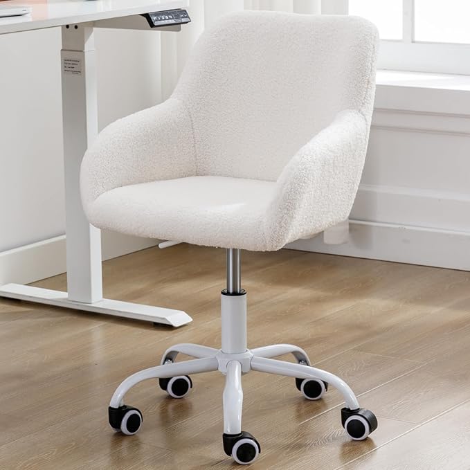 LukeAlon Kids Adjustable Desk Chair, Sherpa Study Chair with Swivel Base Upholstered Cute Reading Chair Comfy with Arms for Girls Children, White