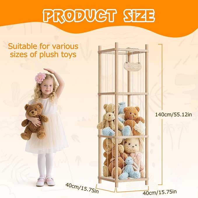 Stuffed Animal Storage , Wooden Stuffed Animal Storage with High Elastic Rope, Large Stuffed Animal Zoo 51" for Nursery Playroom Bedroom (varnish color)