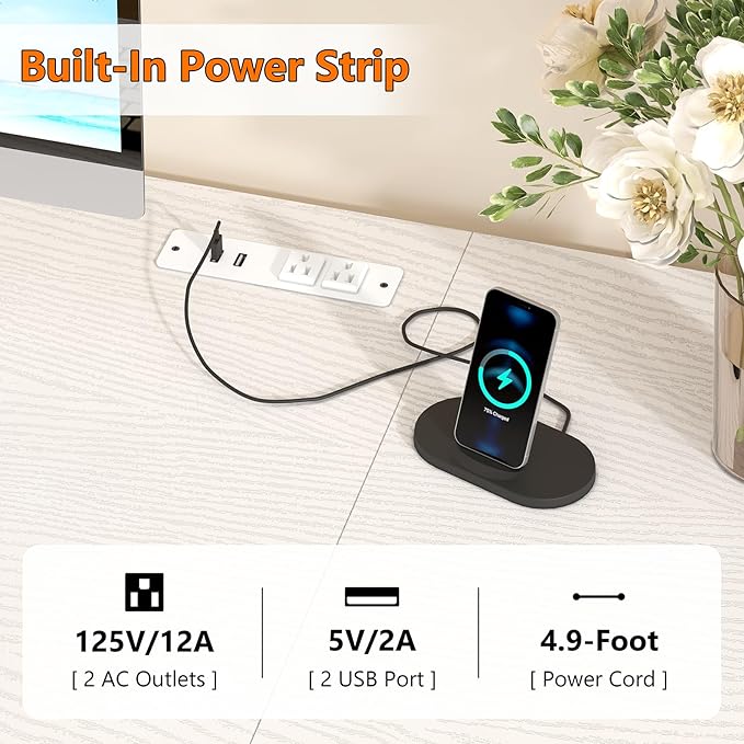 50 Inch White Computer Desk with 8 Drawers, Home Office Desk with Power Outlets, Work Study Gaming Desk with 8 Fabric Drawers, White