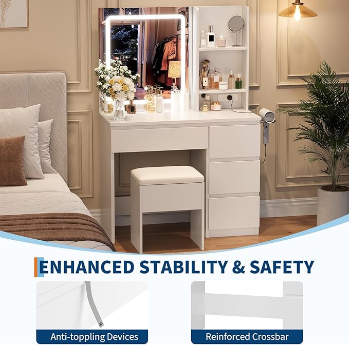 Vanity Desk with Mirror and LED Light, Vanity Desk with 4 Drawers, Power Outlet, Storage Stool, Storage Shelves & Hair Dryer Holder, Adjustable 3 Lighting Mode, Makeup Vanity Set for Bedroom, White