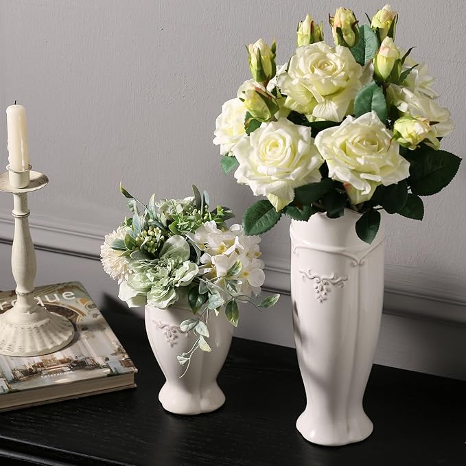 hjn White Vase for Flowers, Ceramic vase for Home Decor French Rustic Vase for Kitchen/Table/Living Room/Shelf/Mantel/Office-Height-6.8"