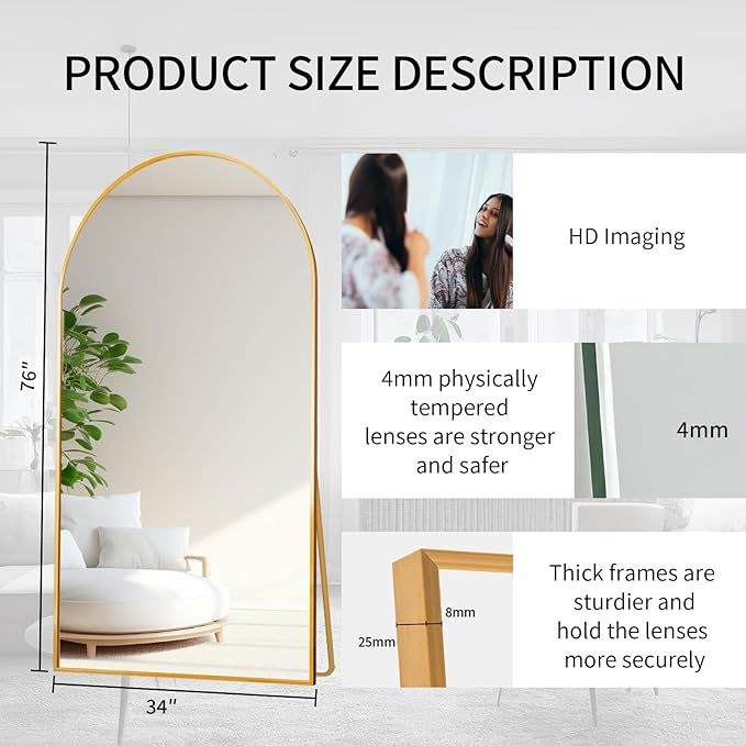 Beauty4U 76" x 34" Large Arched Full Length Mirror with Stand, Gold Wall Mounting Full Body Tempered Mirror, Metal Frame Full-Length Mirror for Living Room, Bedroom