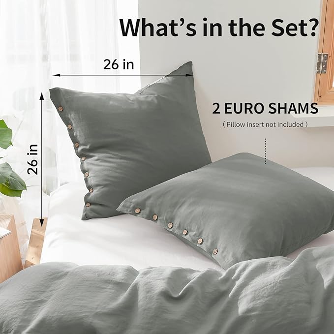 Simple&Opulence 100% Washed Linen Euro Sham Cover, 26 x 26 Inch, Decorative Bed Pillow Cover with Coconut Button, Solid Color Pillow Shams Set of 2 (Greyish Green)