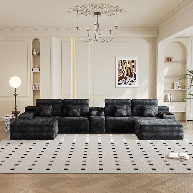 KEIKI 150" U-Shaped Oversized Corduroy Modular Sectional Sofa with 2 Ottomans and Multi Functional Console, 6-Seater Upholstered Couch with USB and 2 Cup Holder, Easy Assembly, for Living Room, Black