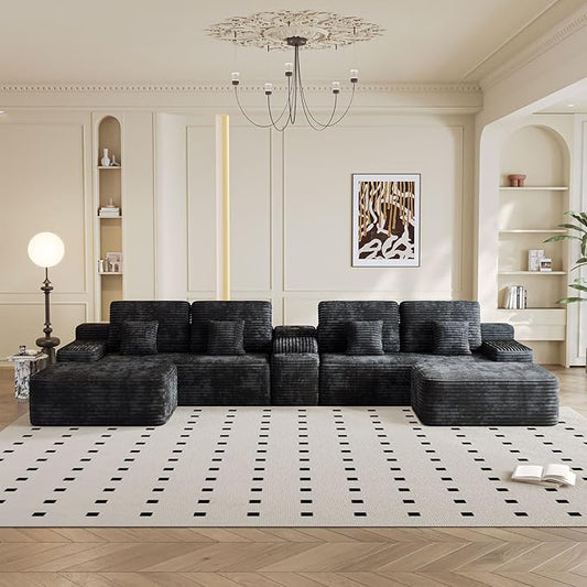 KEIKI 150" U-Shaped Oversized Corduroy Modular Sectional Sofa with 2 Ottomans and Multi Functional Console, 6-Seater Upholstered Couch with USB and 2 Cup Holder, Easy Assembly, for Living Room, Black