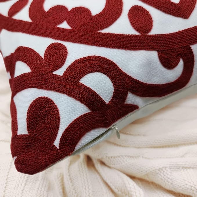 Alysheer Embroidered Decorative Throw Pillow Covers 18"x18" Set of 2 Pieces, Cozy Warm Boho Mandala Knit Pattern, Durable 100% Cotton Canvas Cushion Cases for Sofa Couch Living Room(Burgundy Red)