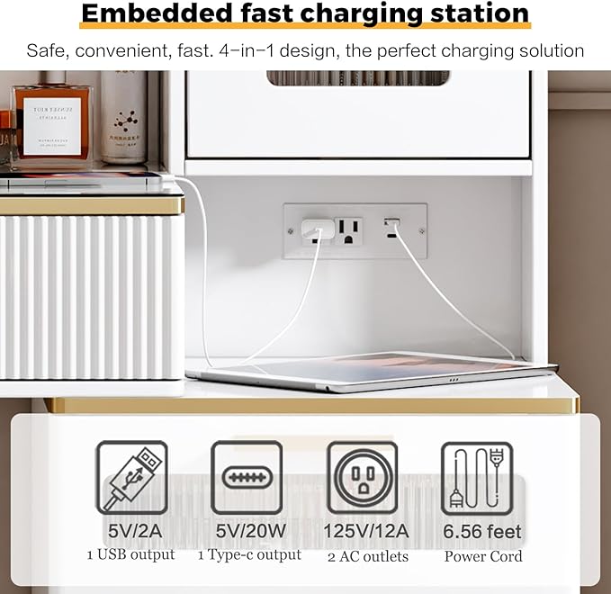 Vanity Desk with 29.53" HD Lighted Mirror, 47.24" Big Modern Vanity Desk with Mirror and Lights, Makeup Vanity with 5 Drawers and Storage Shelves and Charging Station, White