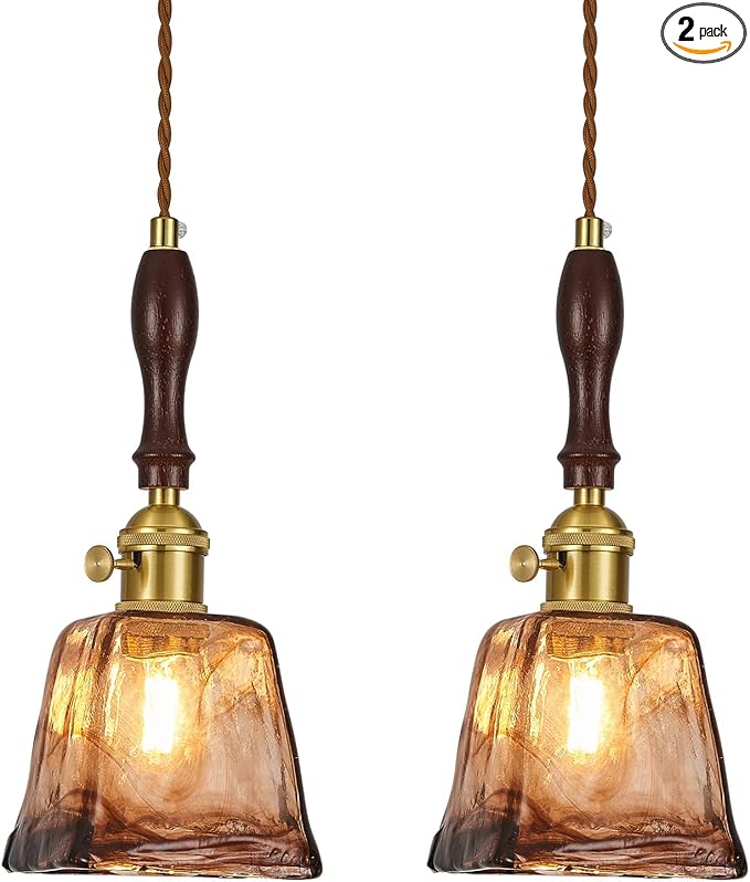 Brown Glass Vintage Pendant Light 4.33" Handmade Glass Pendant Lights Kitchen Island Gold Hanging Light Fixture for Bedroom Dining Room Hotel (2 Pack)