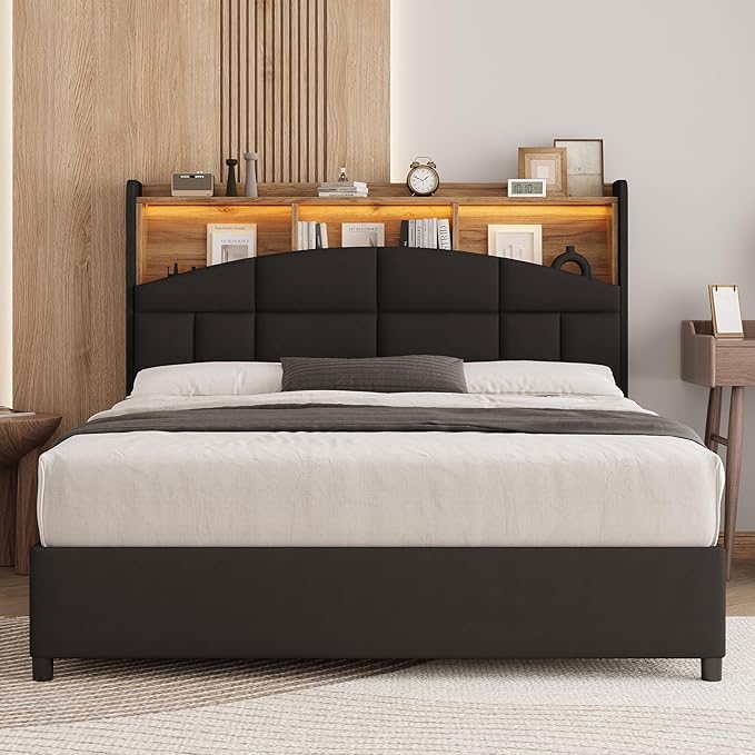 Queen Bed Frame with Headboard and LED Lights, Velvet Upholstered Bed Frame with Wooden Slats Support, No Box Spring Needed, No Noise, Black