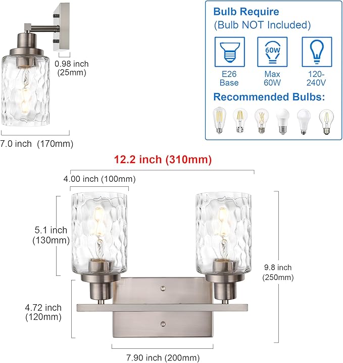 MELUCEE Indoor Wall Sconces Brushed Nickel with Clear Hammered Glass, 2-Light Modern Bathroom Vanity Light Wall Mount Lamp for Mirror Cabinets Powder Room Dressing Table (Patent No.: US D963914 S)