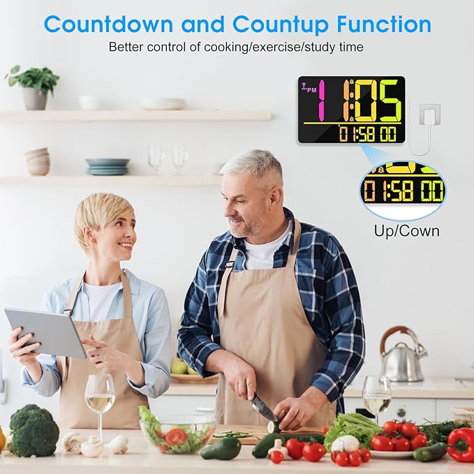 13" Bluetooth Auto Sync Wall Clock- Large Digital Alarm Clock with Remote, RGB Color Changing, 25 Ringtones, Adjustable Brightness, Auto DST, for Living Room, Kitchen, Office, Elderly